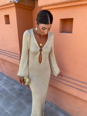 Vestido Cavalli Manga Larga Dorado