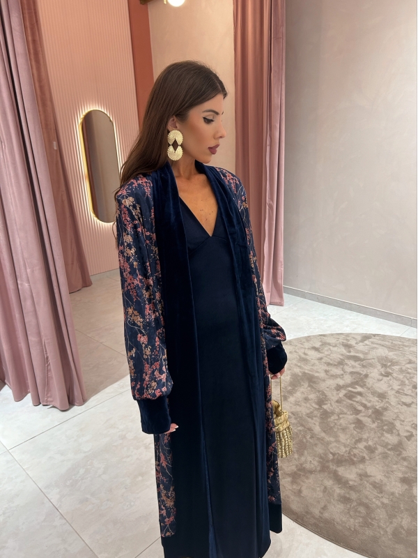Kaftan en velours imprimé bleu