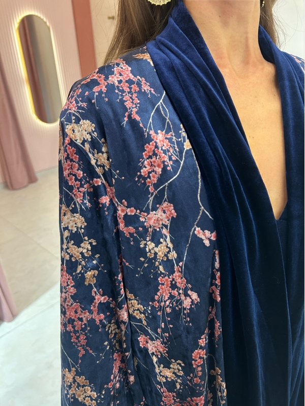 Kaftano in velluto stampato blu