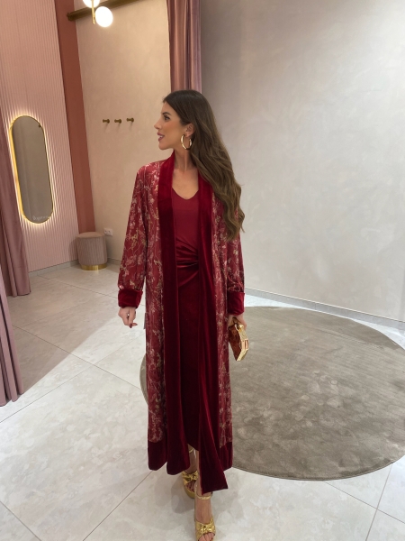 Kaftano in velluto stampato rosso intenso 2