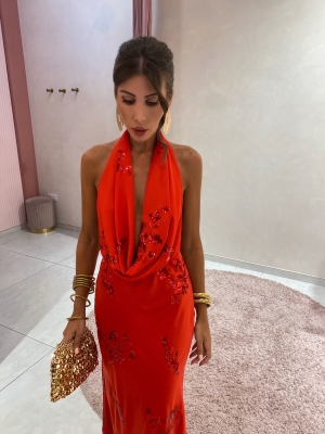 Vestido Ferreira Atado al Cuello Rojo