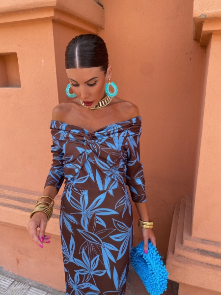 Vestido Nuria castanho/turquesa