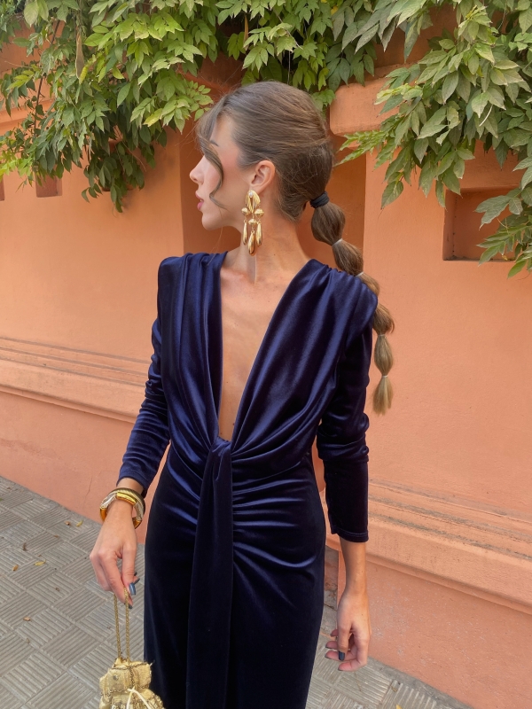 Vestido Coliza Veludo azul-marinho