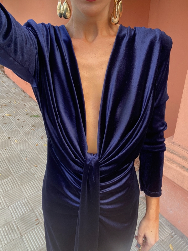 Vestido Coliza Veludo azul-marinho