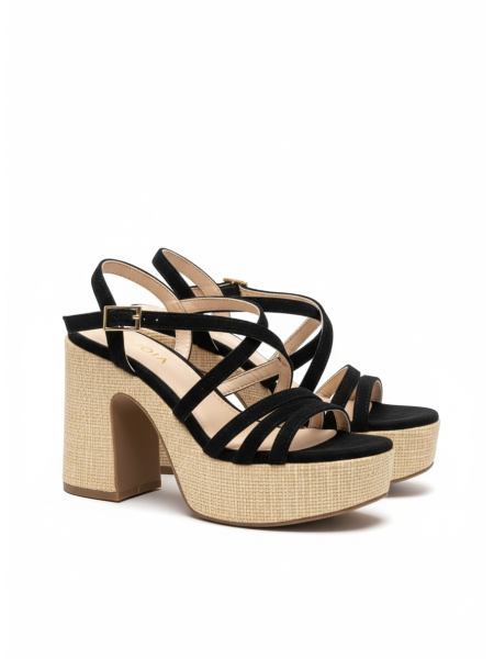 Sandali con tacco in lino nero