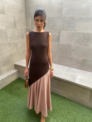 Vestido Longoria sem mangas marrom/rosa