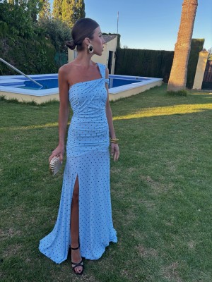 Light Blue Blonde Dress with Polka Dots