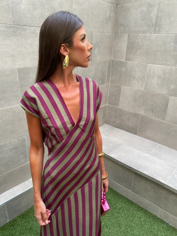 green and purple striped dress Hunter Green Short Sleeved Dress With Purple and Green Striped Apron