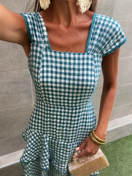 Vestido verde xadrez com babados