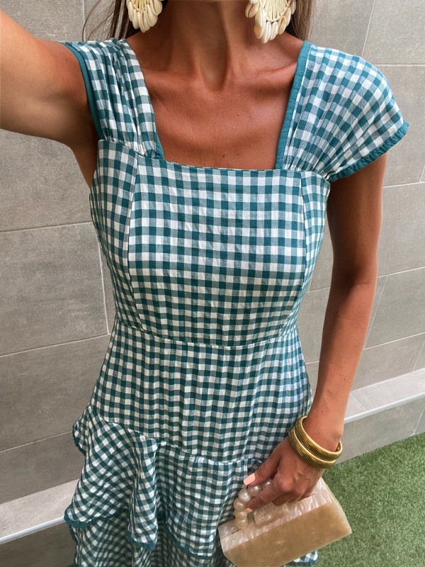 Vestido verde xadrez com babados