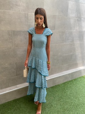 Robe à volants en vichy vert