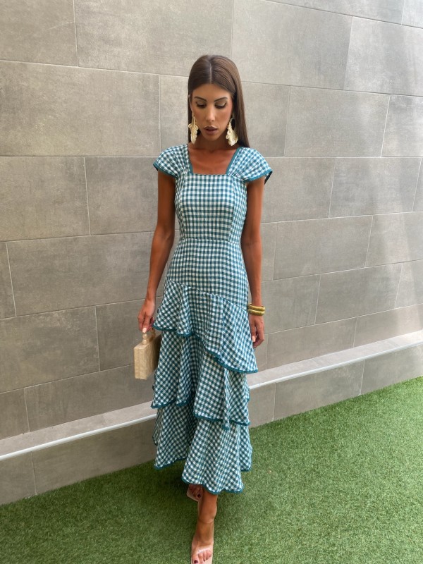 Robe à volants en vichy vert