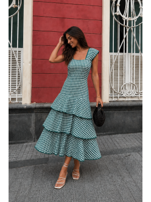Vestido verde xadrez com babados