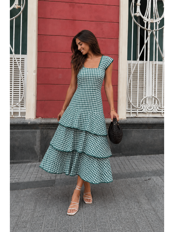 Vestido verde xadrez com babados