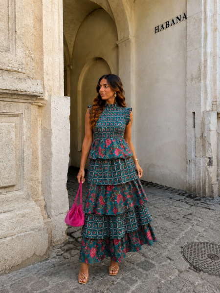 water green dress Ida Ruched Turtleneck Dress - Water Blossoms Blue Floral Print Fitted Maxi Dress