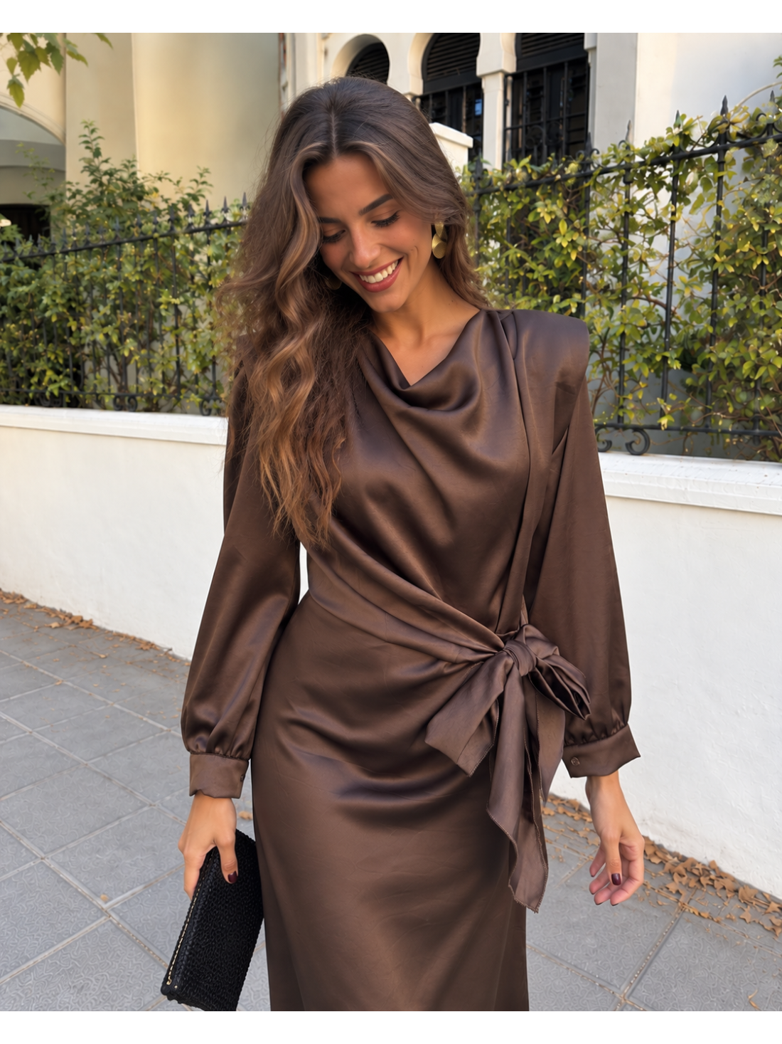 brown satin dress long sleeve Calíope Chicago Bridal Store -